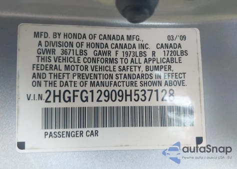 2009 Honda Civic Ex-L from USA, damaged, VIN 2HGFG12909H537128